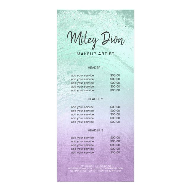 Elegant lila & myntmarmor glitter marmor makeup ar reklamkort (Framsidan)