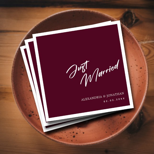 Elegant Lila Ny gifta Personligt bröllp Napkins Pappersservett ( Simple Just Married Burgundy Custom Wedding  Napkins)
