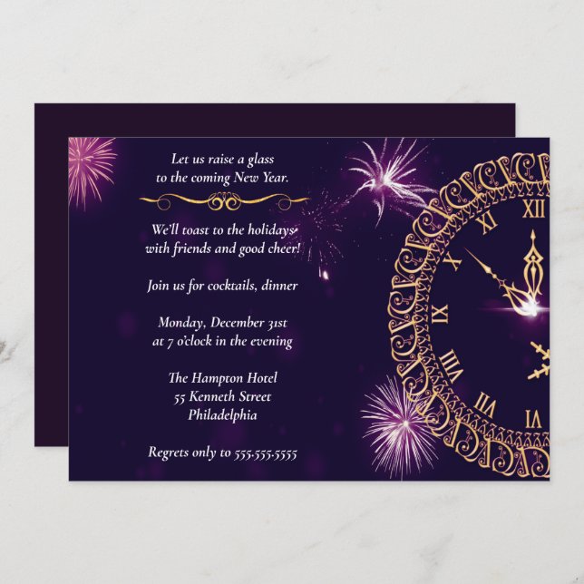 Elegant Lila Nyårsafton Party Inbjudningar (Fram/baksida)