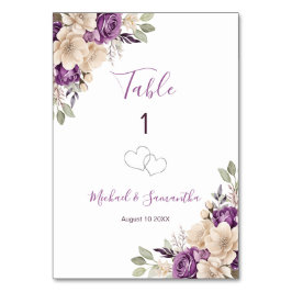 Elegant lila och elfenbensfärgad rosbröllopsskylt bordsnummer