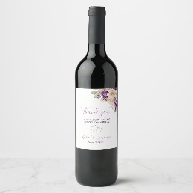 Elegant lila och elfenbensvit bröllopsros vinflaska etikett (Framsida)