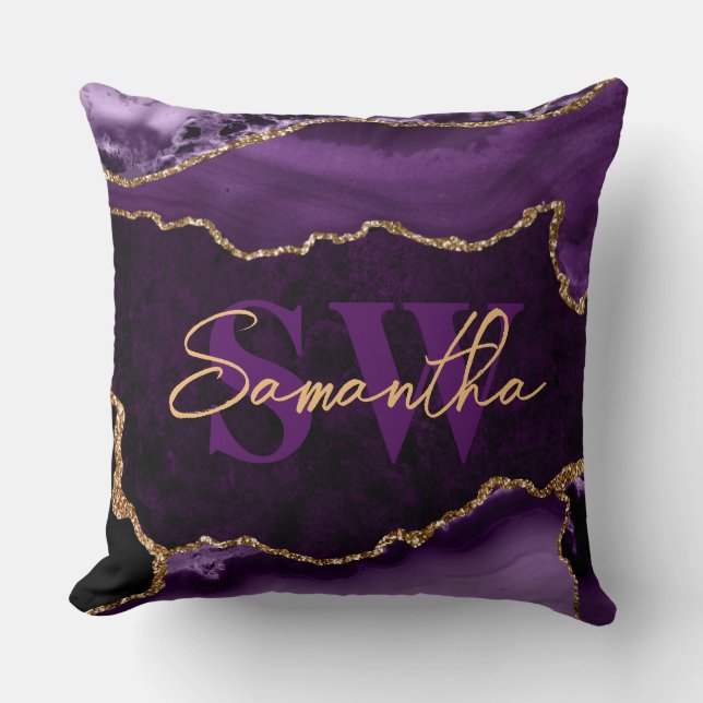 Elegant lila och falskt guld glitter marmor agat kudde (Framsida)