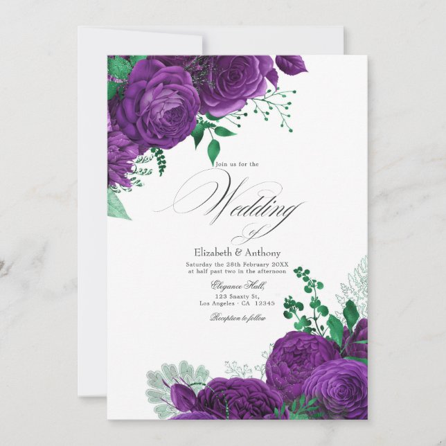 Elegant lila och grön blomsterbröllop QR-kod Inbjudningar (Framsida)