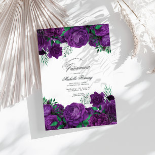 Elegant lila och grön blomsterformig Quinceañera-f Inbjudningar