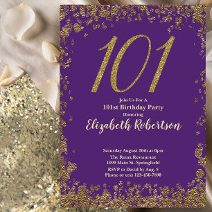 Elegant lila och guld 101-årsdag inbjudningar