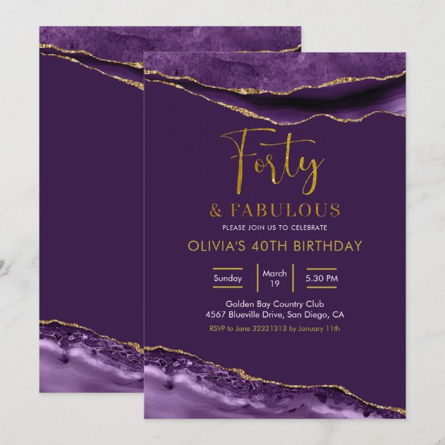 Elegant Lila och Guld 40 och Fabulous Inbjudningar (Fram/baksida)