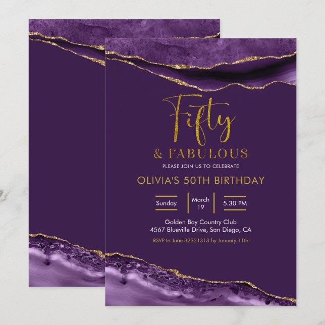 Elegant Lila och Guld 50 och Fabulous Inbjudningar (Fram/baksida)