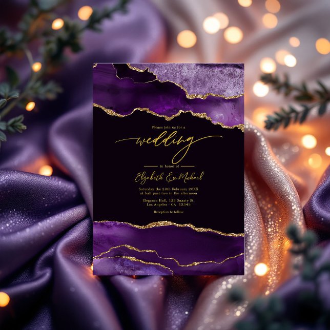 Elegant Lila och Guld Agate Bröllop QR-kod Inbjudningar (Elegant Purple and Gold Agate Wedding QR Code Invitation)