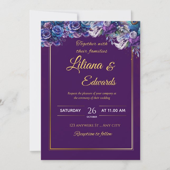Elegant Lila och Guld Blommigt Bröllop Inbjudningar (Framsida)