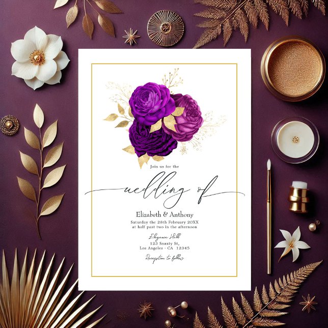 Elegant Lila och Guld Blommigt Bröllop Inbjudningar (Elegant Purple and Gold Floral Wedding Invitation)