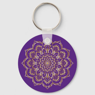 Elegant Lila och Guld Blommigt Mandala Mönster Nyckelring
