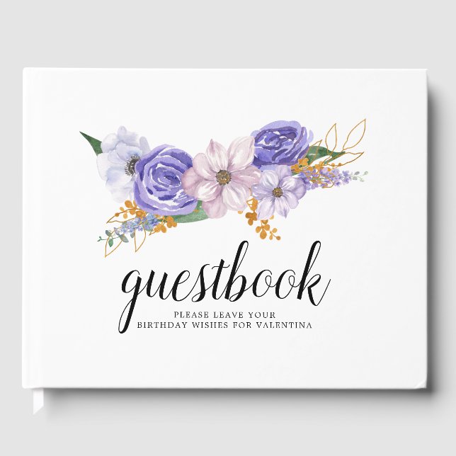 Elegant Lila och Guld Blommigt Quinceanera Gästböcker (Framsida)