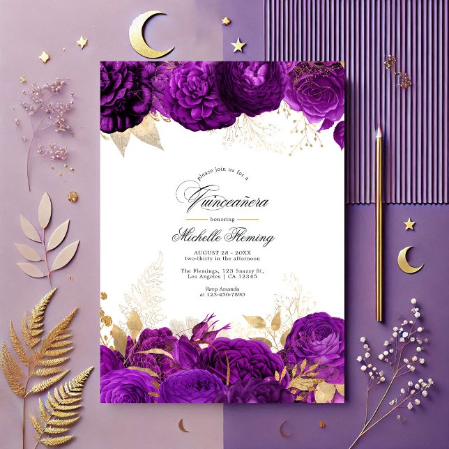 Elegant Lila och Guld Blommigt Quinceañera Inbjudningar (Elegant Purple and Gold Floral Quinceañera Invitation)