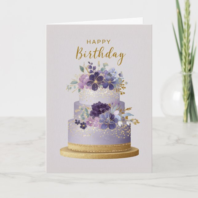 Elegant lila och guld blomster födelselsedagstårta kort (Framsida)