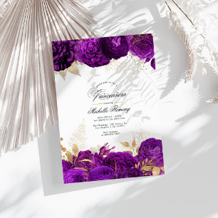 Elegant lila och guld blomster Quinceañera Inbjudningar
