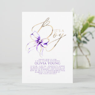 Elegant lila och guld Bow Boy Baby Shower Inbjudningar