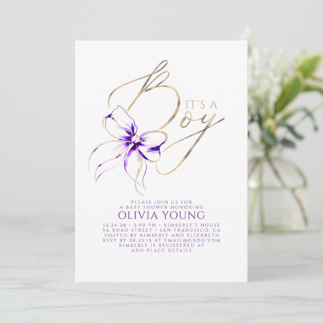 Elegant lila och guld Bow Boy Baby Shower Inbjudningar (Stående Fram)
