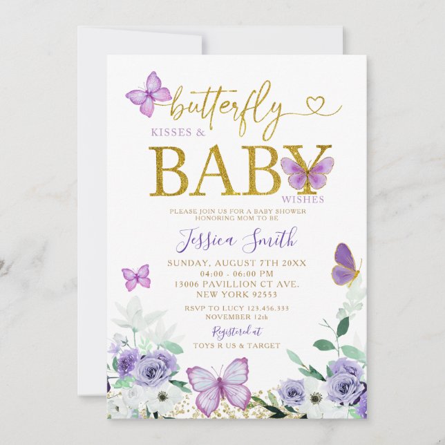 Elegant Lila och Guld Butterfly Baby Shower Inbjudningar (Framsida)