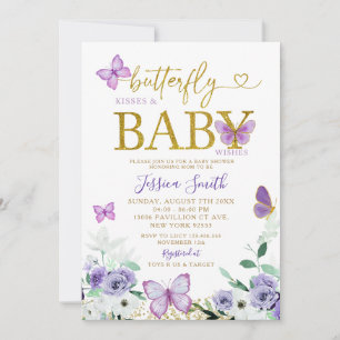 Elegant Lila och Guld Butterfly Baby Shower Inbjudningar