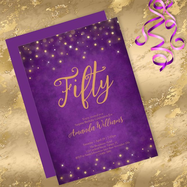 Elegant Lila och Guld Glam 50:e födelsedagen Inbjudningar (Skapare uppladdad)