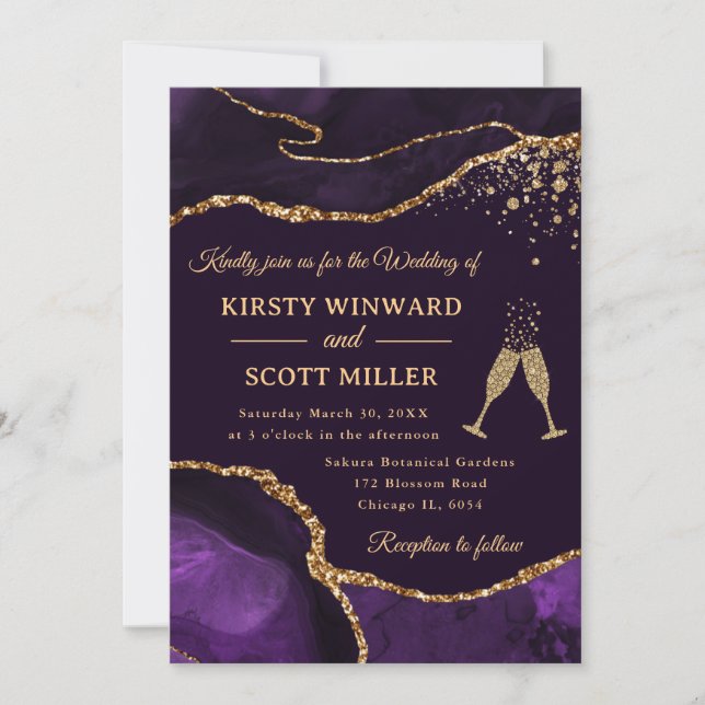 Elegant lila och guld glitter agat bröllop inbjudningar (Framsida)