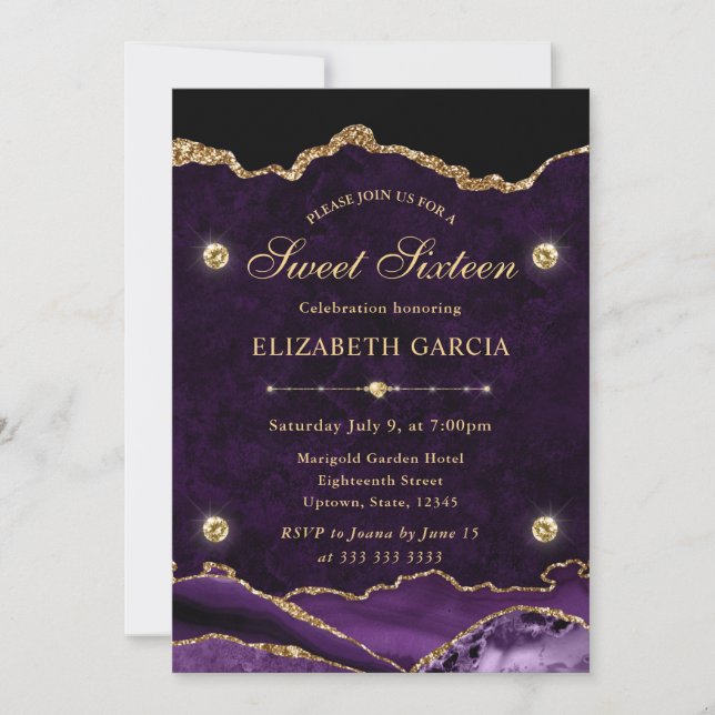 Elegant lila och guld glitter agat Sweet 16 Inbjudningar (Framsida)