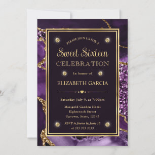 Elegant lila och guld glitter agat Sweet Sixteen Inbjudningar
