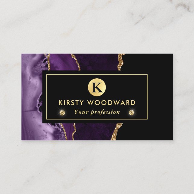 Elegant lila och guld glitter marmor agat visitkort (Framsida)