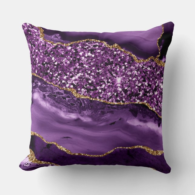 Elegant lila och guld glitter Ocean Agate Kudde (Framsida)