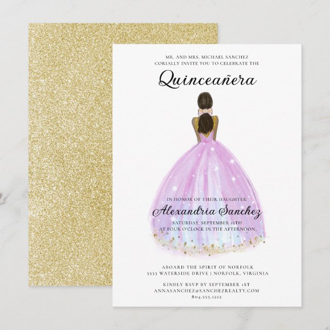 Elegant Lila och Guld Glitter Quinceanera Inbjudningar (Fram/baksida)
