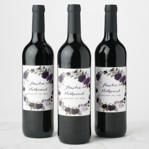 Elegant Lila och Guld Grönt Löv Blommigt Bröllop Vinflaska Etikett
