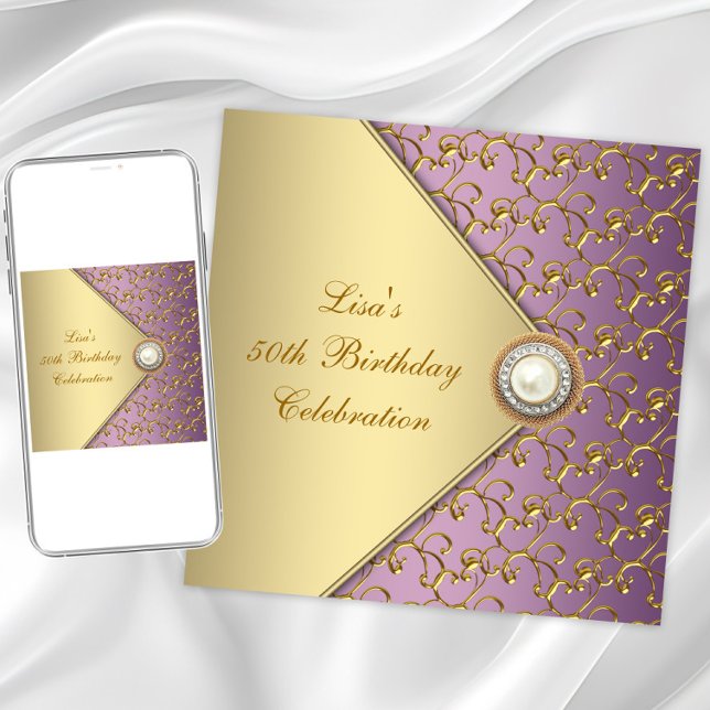 Elegant lila och guld Kvinnas 50-årsfirande Inbjudningar (Elegant birthday or any occasion invitation. Instant download and printed invitations available)