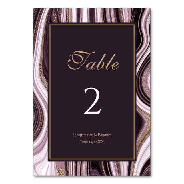 Elegant Lila och Guld Marble Bröllop Bordsnummer (Framsidan)