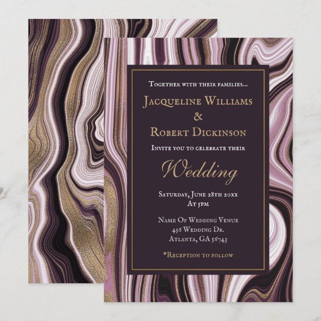 Elegant Lila och Guld Marble Bröllop Inbjudningar (Fram/baksida)