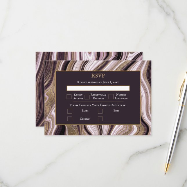 Elegant Lila och Guld Marble Bröllop OSA Kort (Fram/Back In Situ)