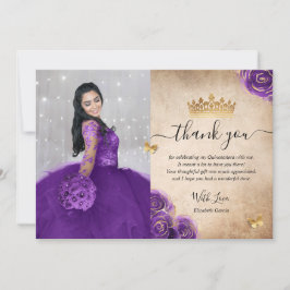 Elegant Lila och Guld Quinceañera Photo Birthday Tack Kort