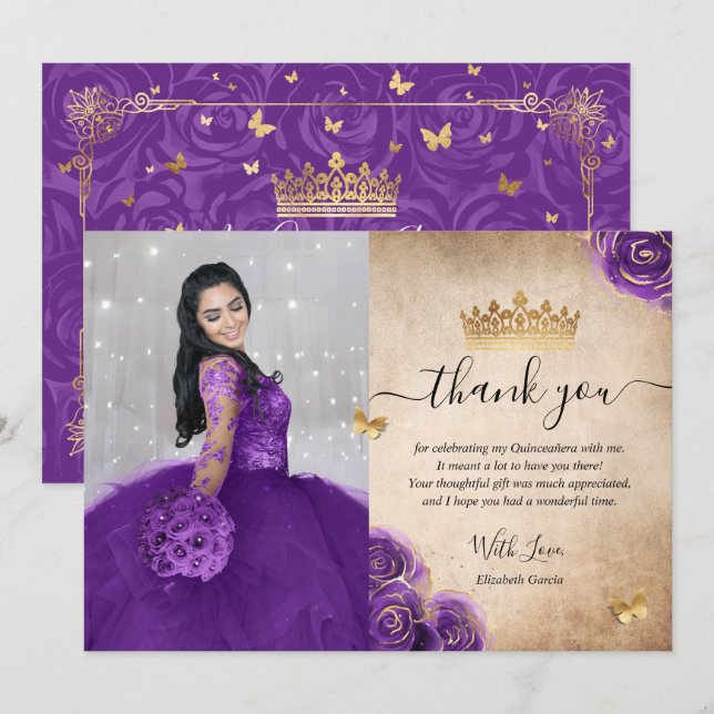 Elegant Lila och Guld Quinceañera Photo Birthday Tack Kort (Fram/baksida)