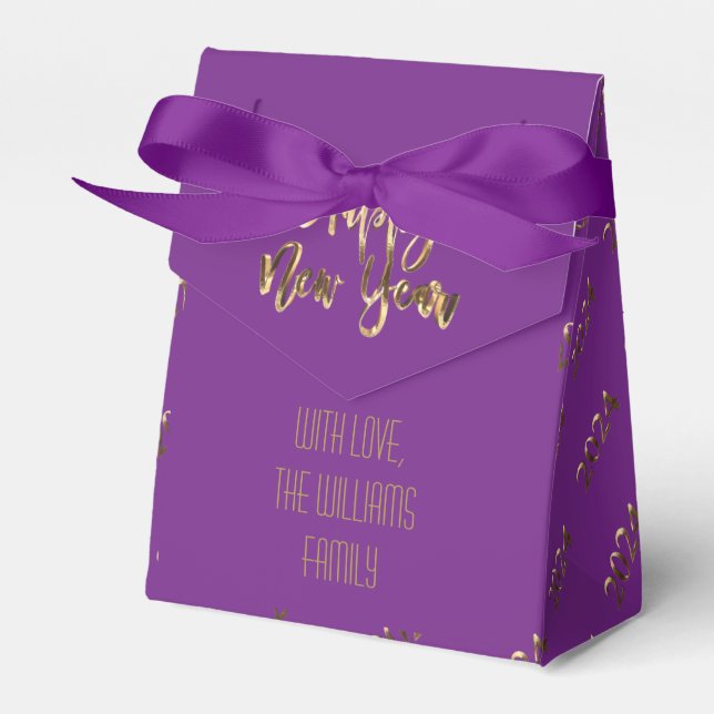 Elegant Lila och Guld Script Gott nytt år 2024 Presentaskar (Framsidan Sidan)