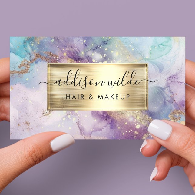 Elegant Lila och Guld vattenfärgsmarmor QR Visitkort (Skapare uppladdad)