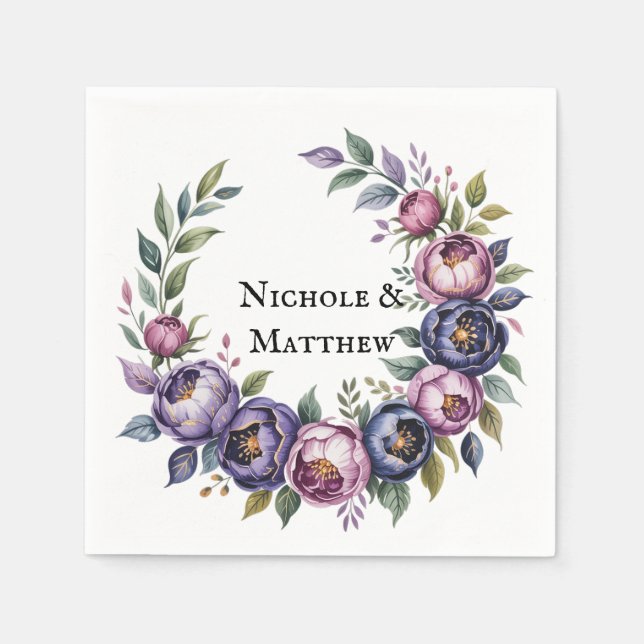 Elegant Lila och Magenta Peony Bouquet Bröllop Pappersservett (Framsidan)