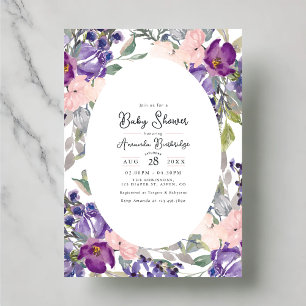 Elegant lila och rosa blommande baby shower inbjudningar