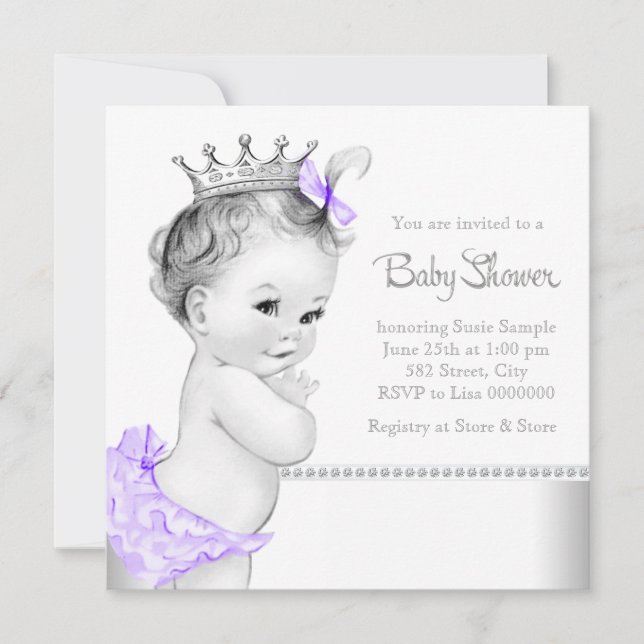 Elegant lila och silver baby shower inbjudningar (Framsida)