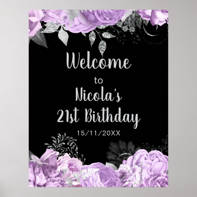 Elegant Lila och Silver Blommor Födelsedagsfest Poster (Framsidan)