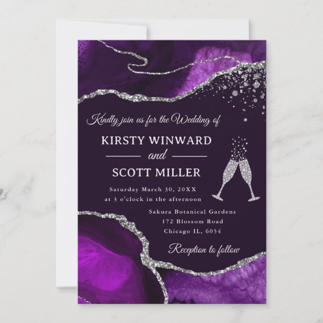 Elegant lila och silver glitter agat bröllop inbjudningar (Framsida)