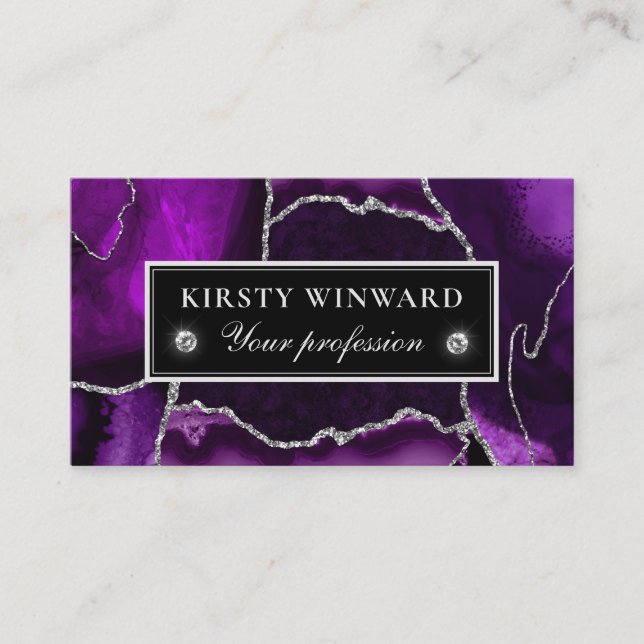 Elegant Lila och Silver Glitter Marble Agate Visitkort (Framsida)