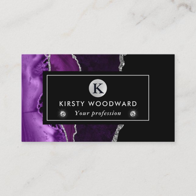 Elegant Lila och Silver Glitter Marble Agate Visitkort (Framsida)