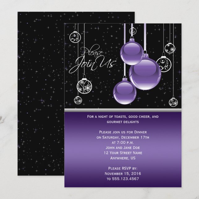 Elegant Lila och Silver vid Svarta Party Inbjudningar (Fram/baksida)