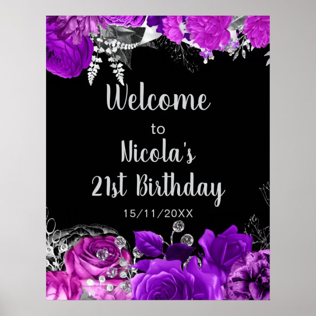 Elegant lila och silverblommor födelsedagsfest  poster (Framsidan)