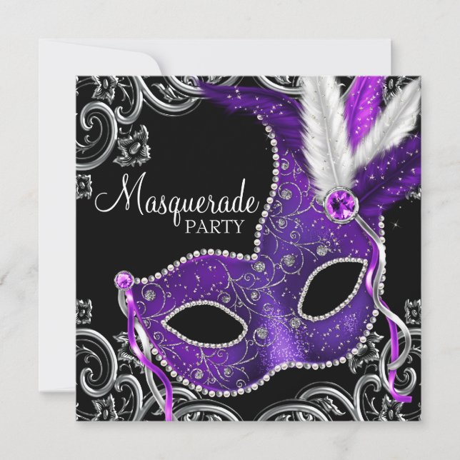 Elegant lila och svart maskeradbal inbjudningar (Framsida)
