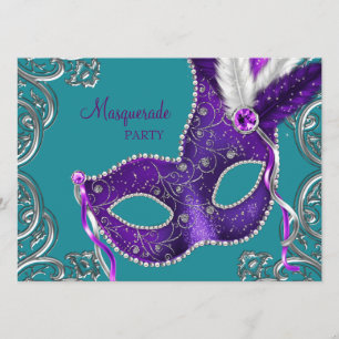 Elegant lila och turkosblå maskeradfest inbjudningar